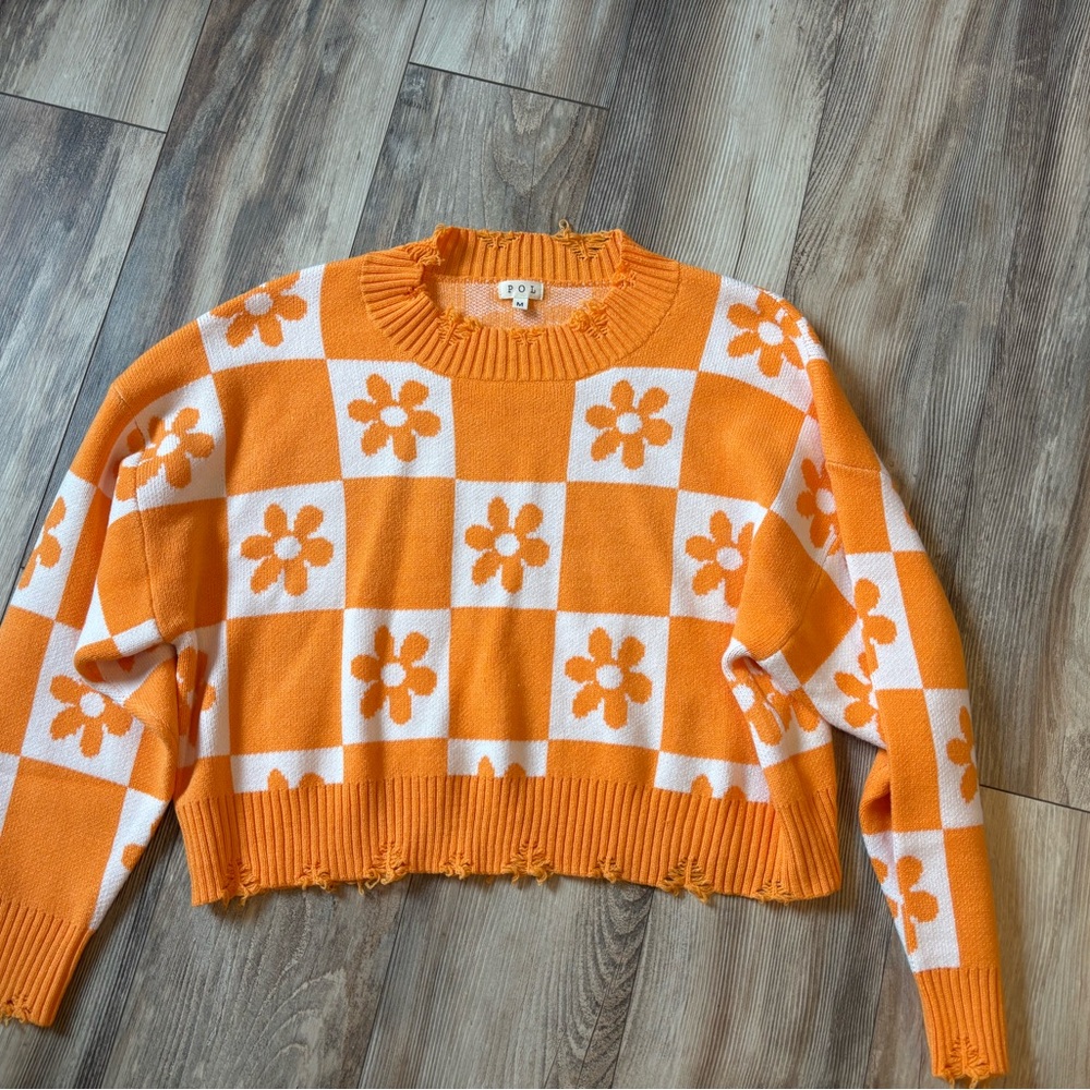 New Orange Floral Checkered Sweater